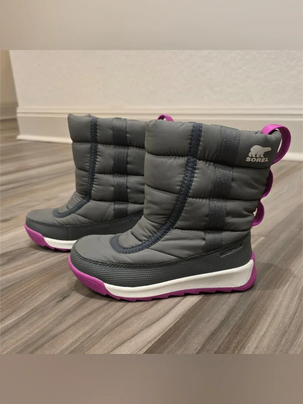 Sorel Whitney II Puffy Mid Waterproof Winter Boots Gray Purple Toddler Size 10
